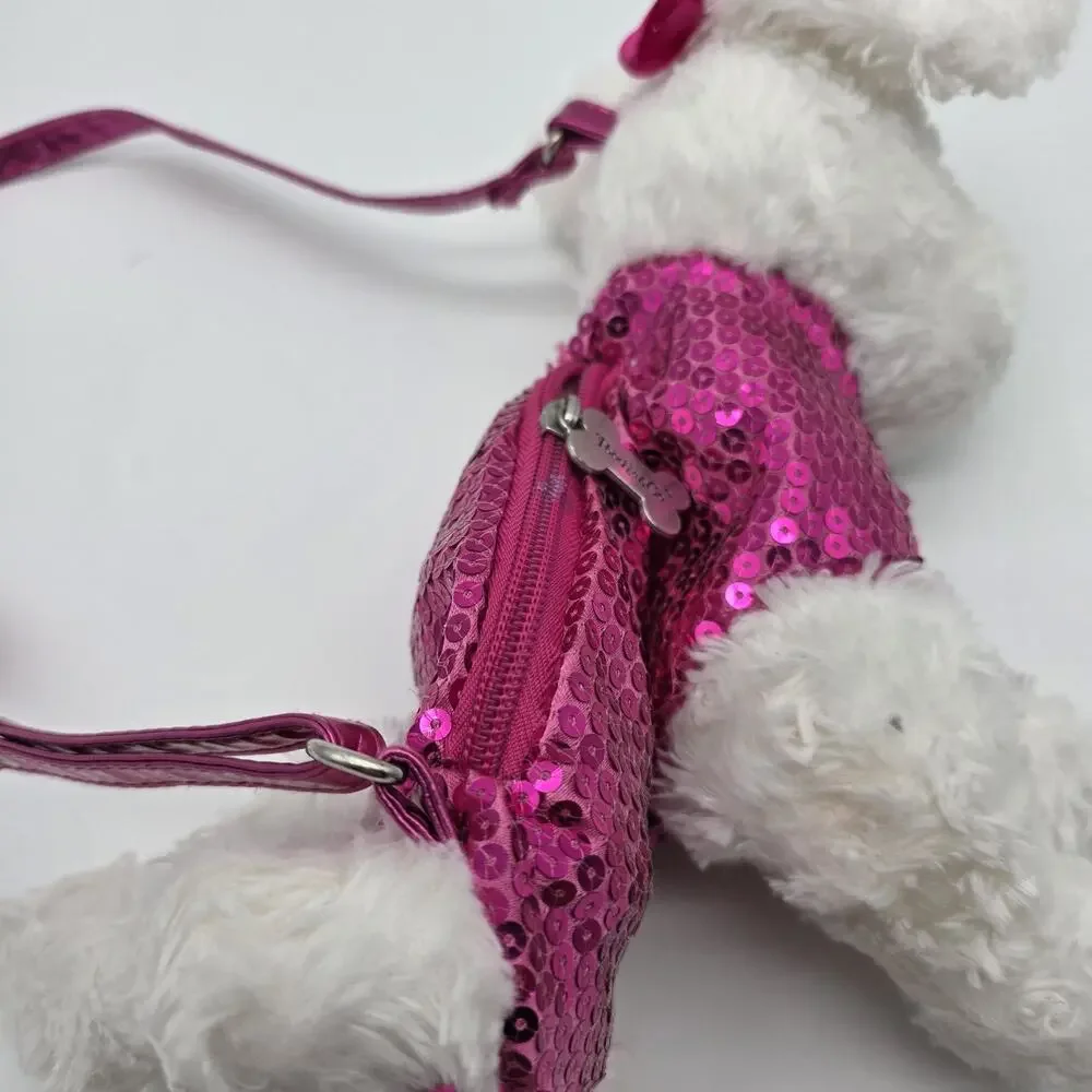Poochie & Co White Poodle Plush Purse Hot Pink Sequin Girls Shoulder Bag